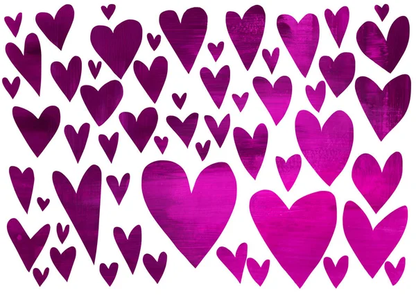 A large set of purple hearts made of texture paper painted with brush strokes. A collection of hearts of different sizes. Hand-drawn raster illustration for Valentine's Day.
