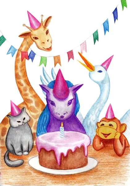 unicorn sits at the table on which the cake. Surrounded by friends cat, giraffe, monkey and stork. Drawn by hand. Watercolor illustration with colored pencils isolated on a white background.