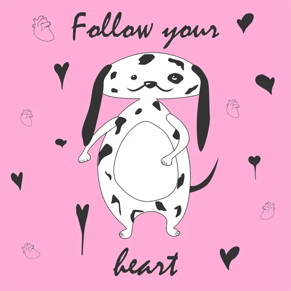 Cute Fat Puppy Dalmatians Ahead Pink Background Black Inscription Follow — Stock Vector