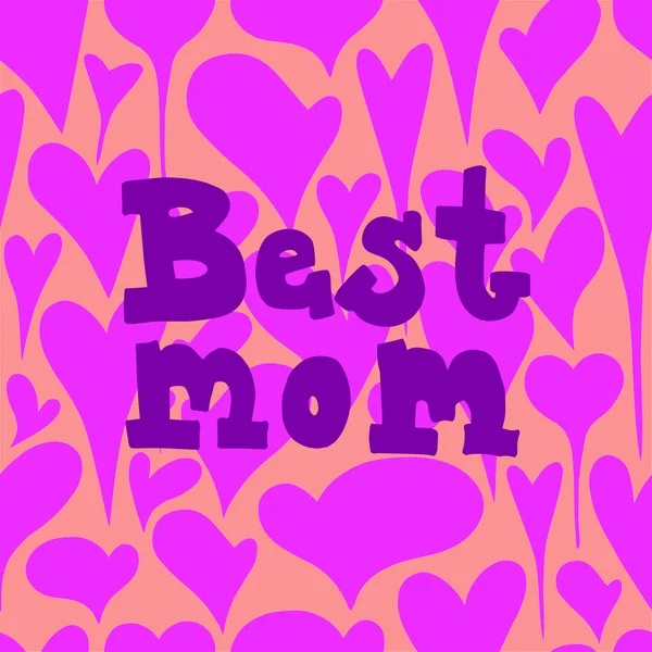 Inscripción Violeta Oscura Best Mom Sobre Fondo Con Corazones Rosa — Vector de stock