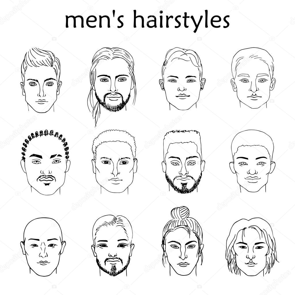 Hand-drawn sketching set of vector black-and-white males portraits  of different races with different hairstyles