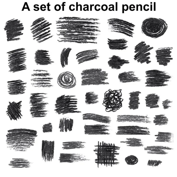 A set of brushes hand-drawn charcoal pencil on white paper