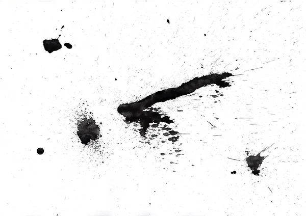 Set of black ink blots, drops and splashes. Handcrafted on white paper. Hand-drawn raster stock illustration of fluid dynamic chaotic splashes.