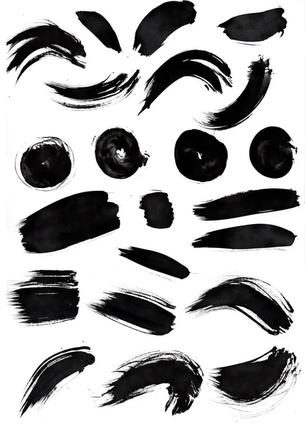 Set Van Zwarte Inkt Penseelstreken Met Vlekken Doorschijnende Witte Papieren — Stockfoto