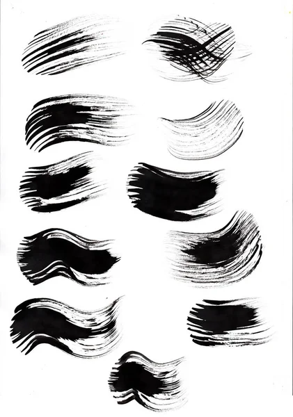 Набір Мазків Чорного Чорнила Плямами Напівпрозорою Текстурою Білого Паперу — стокове фото