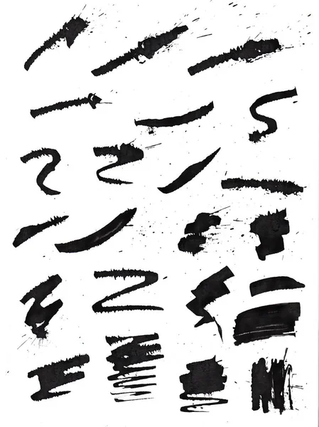 Set Black Ink Brush Strokes Stains Translucent White Paper Texture — Stock Photo, Image