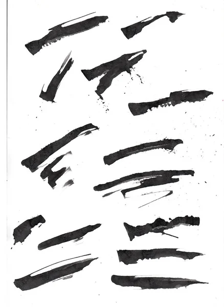 Set Black Ink Brush Strokes Stains Translucent White Paper Texture — Stock Photo, Image