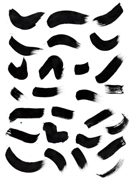 Set Van Zwarte Inkt Penseelstreken Met Vlekken Doorschijnende Witte Papieren — Stockfoto