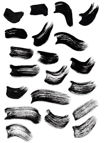 Conjunto Pinceladas Tinta Negra Con Manchas Textura Translúcida Papel Blanco — Foto de Stock