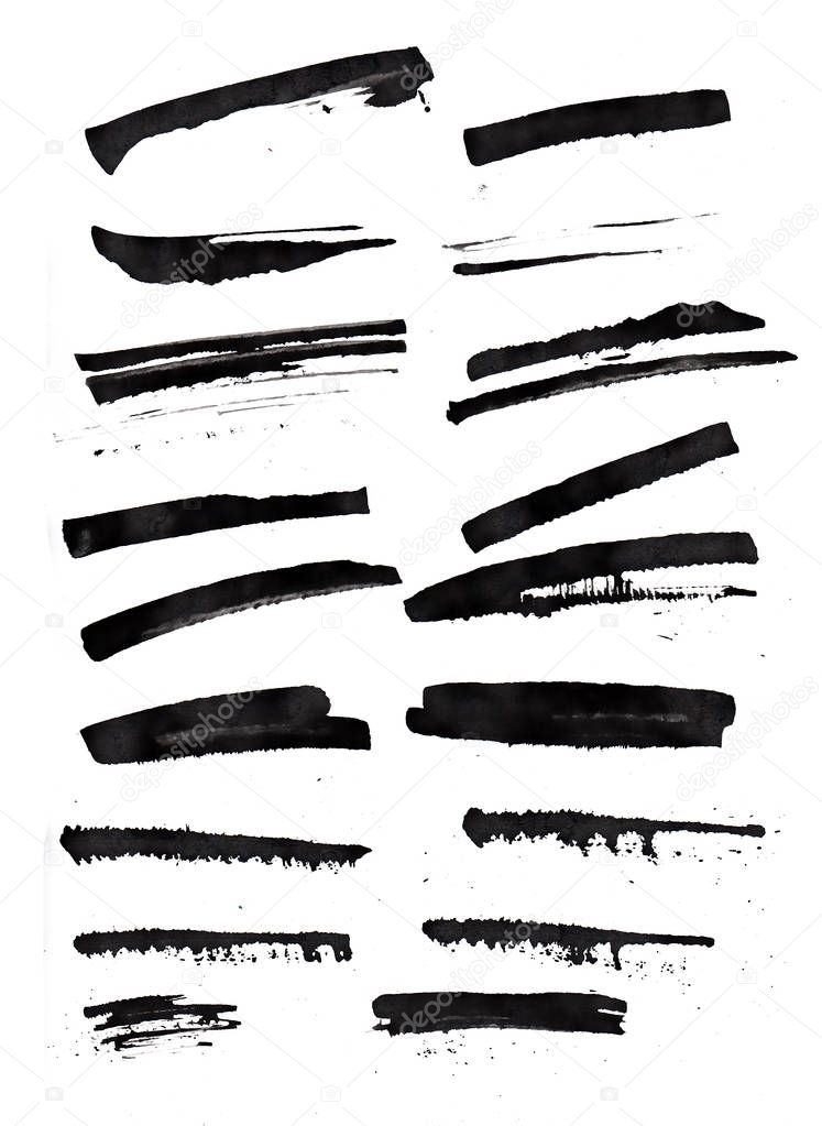 Set of black ink brush strokes with stains and translucent white paper texture.