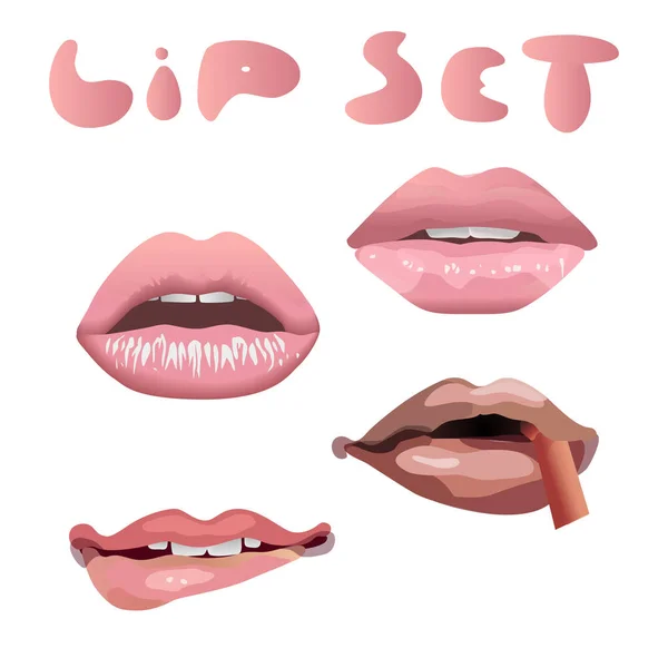 Conjunto Labios Atractivos Color Rosa Femenino Labios Con Los Dientes — Vector de stock