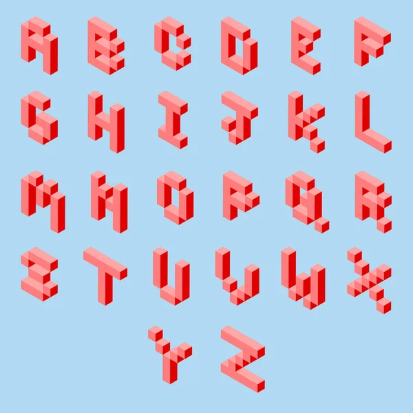 Isometrisches Alphabet Stil Der Pixelkunst Rosa Und Rot Auf Hellblauem — Stockvektor