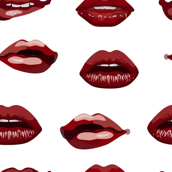 Patrón Sin Costuras Labios Atractivos Rojos Oscuros Femeninos Labios Con — Vector de stock