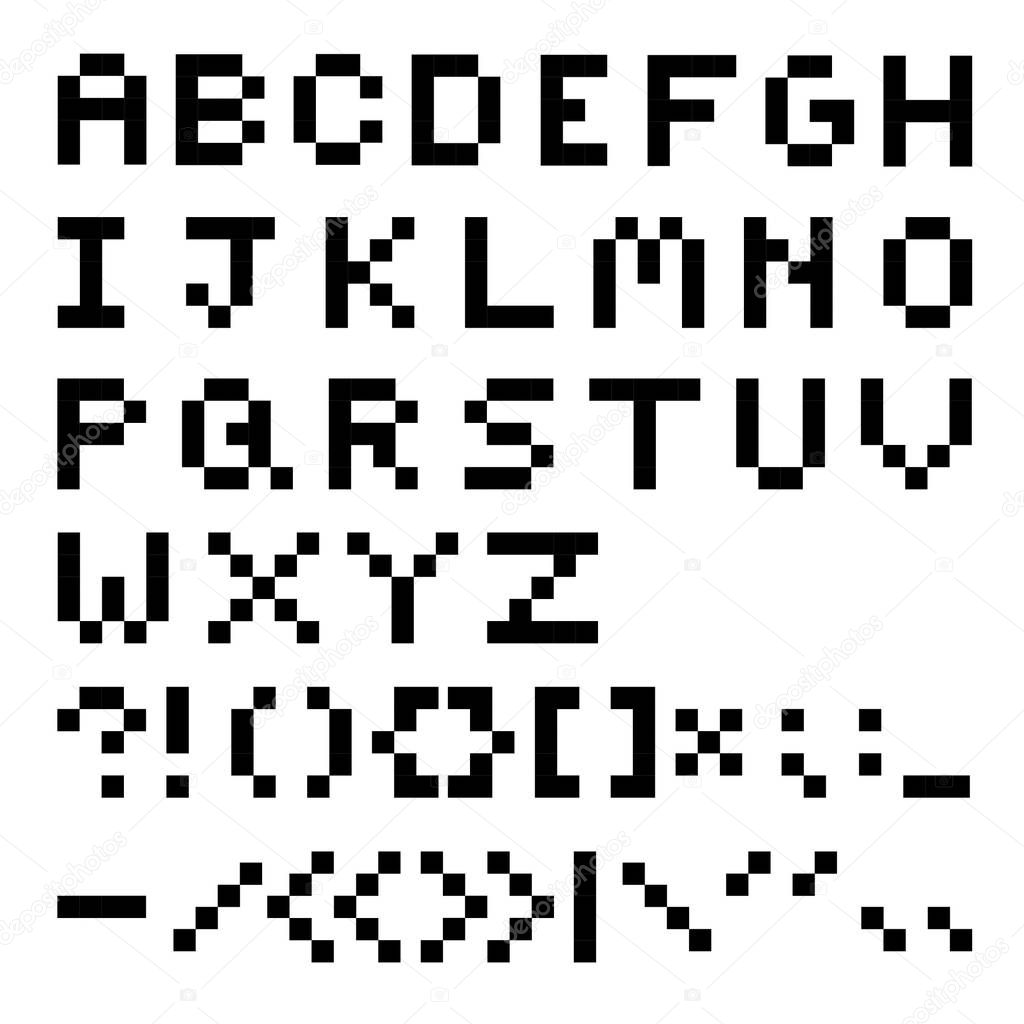 Flat alphabet and punctuation marks in pixel art style on a white background. period, comma, exclamation, question,  colon, semicolon, quotation, dash, hyphen, parentheses, brackets, slash