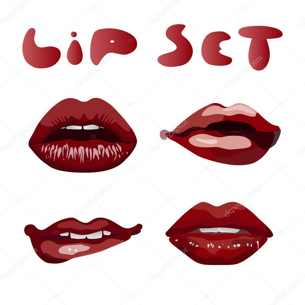 Set of female red attractive lips. Lips with slightly parted teeth, lips with an open mouth, biting the lower lip, lips with a straw in the mouth on a white background