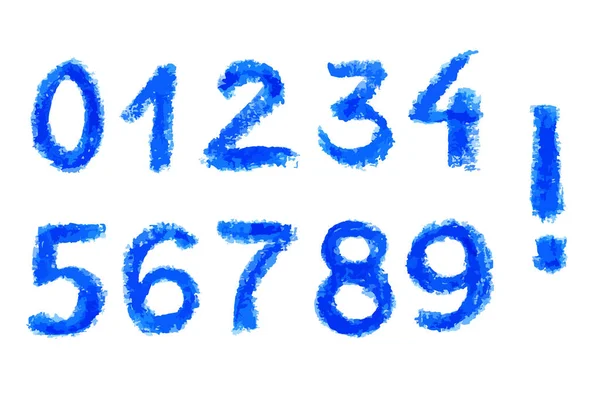 Set Numeri Zero Nove Punto Esclamativo Disegnato Mano Gesso Azzurro — Vettoriale Stock