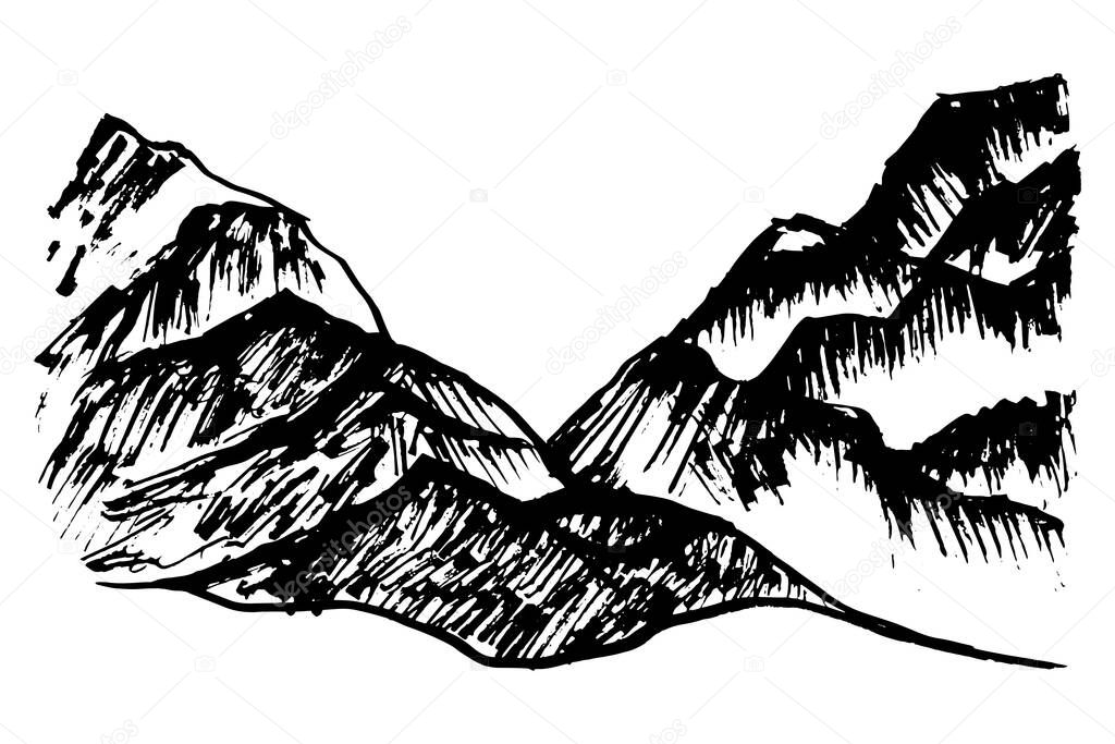 Black grunge mountains at the edges with empty space in the center (for text). Raster illustration of hills crossing each other. Ink mountains drawing