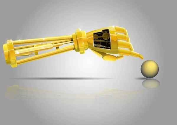 Braço de robô. A mão dourada do robô alcança a bola amarela . — Fotografia de Stock
