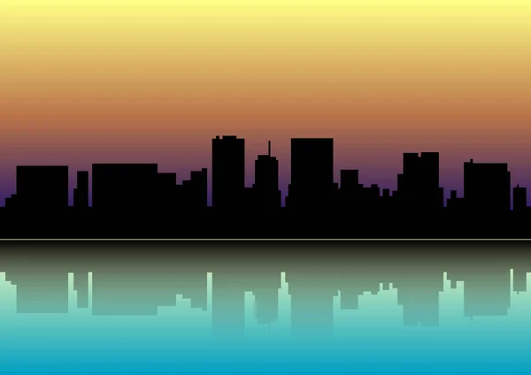城市上空的日落。城市的剪影在日落. — 图库矢量图片