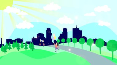 Yürüyen sakinleri ile Güneşli bir şehrin renkli illüstrasyon.