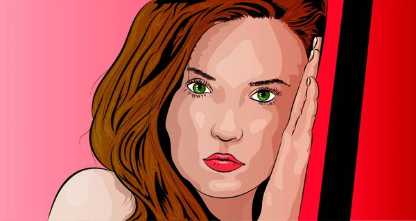 Una foto de una hermosa chica con ojos verdes apoyados en la pared . — Vector de stock