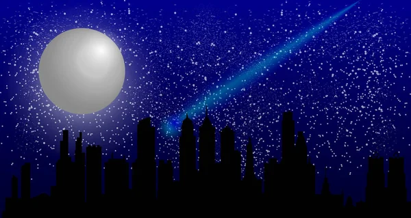 Mooie nachtelijke hemel met een volle maan en een meteoriet vliegen over een stad 's nachts. — Stockvector