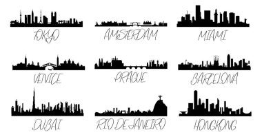 Siyah beyaz vektör yapılmış güzel şehirler.