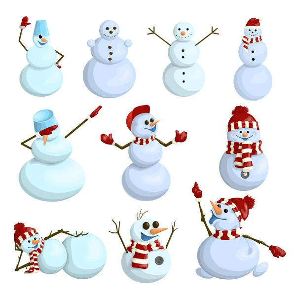 Grappige en grappige vector sneeuwpoppen in cartoon stijl. — Stockvector
