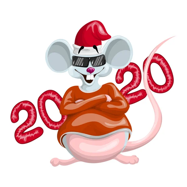 Divatos patkány egy karácsonyi kalap és szemüveg rajzfilm stílusban — Stock Vector