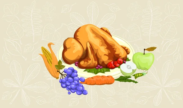 Delicious vector illustration of a baked Turkey with fruits and — Stock Vector