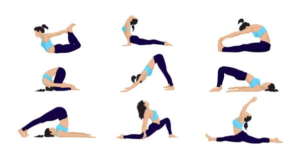 Vektör yoga seti çizimi. Kız yoga egzersizleri. ders sınıfında, sağlıklı yaşam tarzı konsepti.