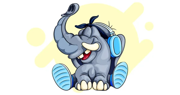 Cheerful Elephant Raising His Hands Listens Music Headphones — Stock Vector