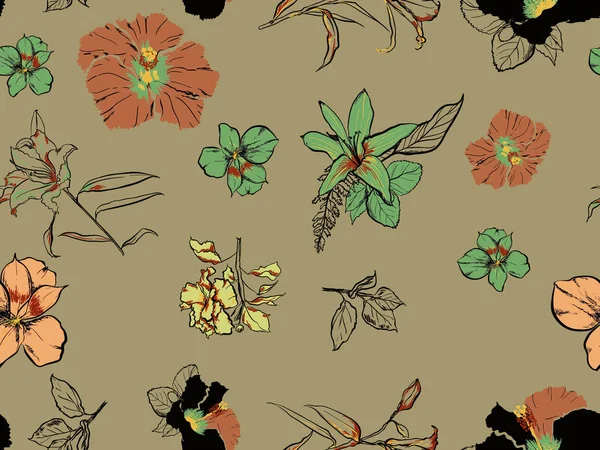 葉背景手描き花熱帯 Seampless — ストック写真