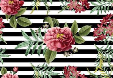 watercolor rose black lines pattern clipart