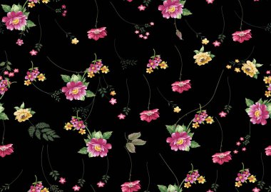 siyah arka plan ile tropikal çiçeklerle çiçek tasarım desen bırakır