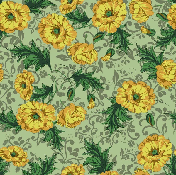  Beautiful poppy seamless pattern with leaves ivy green background