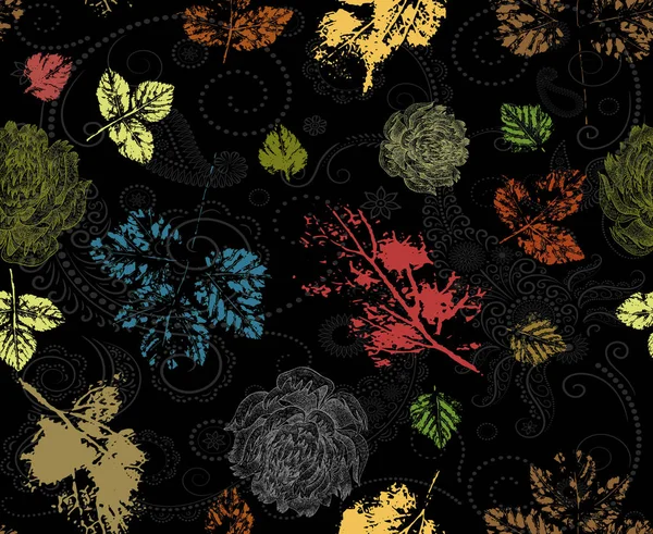 Seamless Flowers Pattern Leaves Paisley Black Background — Stock Photo, Image