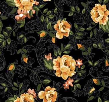 Seampless flower ditsy classic rose print black. clipart