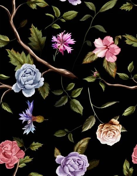 Seamless pattern of carnation flowers, roses, peony, leaves, cornflowers