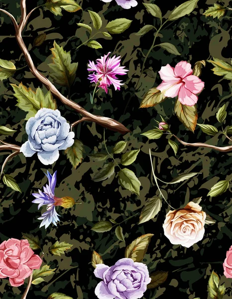  Seamless pattern of carnation flowers, roses, peony, leaves, cornflowers camo black
