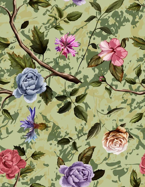 Nahtlose Muster Von Nelkenblüten Rosen Pfingstrosen Blättern Kornblumen Camo — Stockfoto