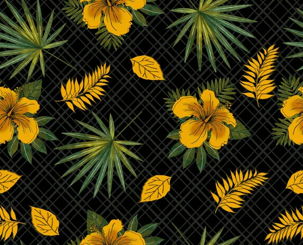 Seamless tropical pattern with yellow hibiscus rosa Exotic flower wallpaper digital paper raster illustration black geometric background