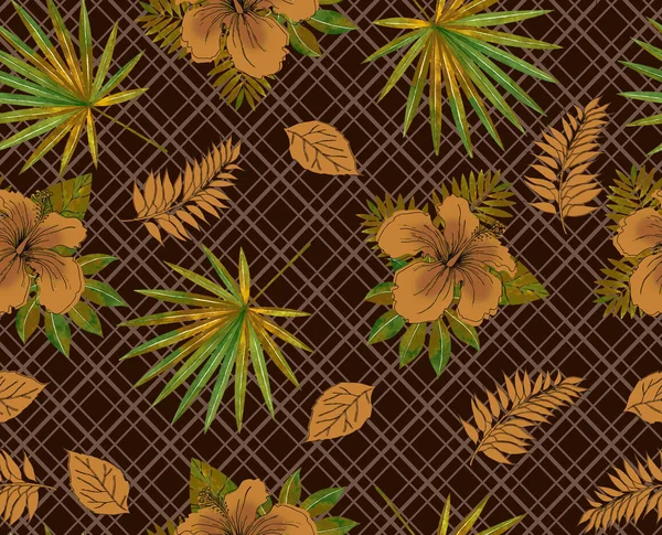 Seamless tropical pattern with yellow hibiscus rosa Exotic flower wallpaper digital paper raster illustration brown geometric background.