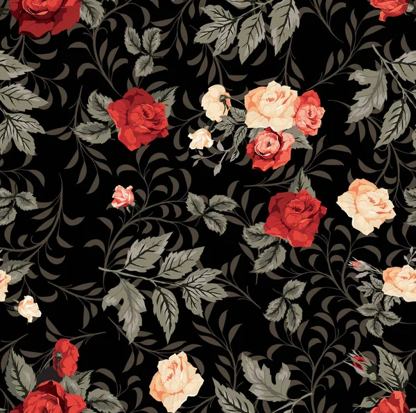 seampless pattern with spring flowers and leaves black background.