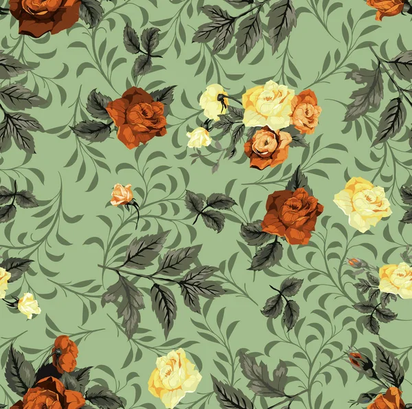 seampless pattern with spring flowers and leaves green background