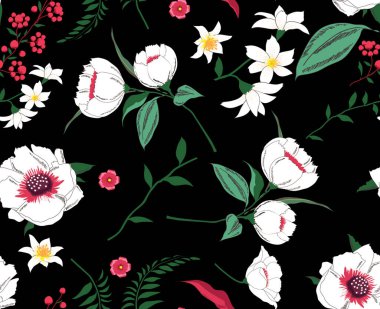 Trendy çiçek desenli çiçek birçok tür. Tropikal botanik motifleri rastgele dağılmış. Sorunsuz siyah arka plan