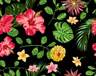 Hibiscus palmiye yaprak siyah arka plan ile tropikal çiçek desen