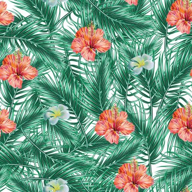  tropik çiçekler yaprak beyaz desenli