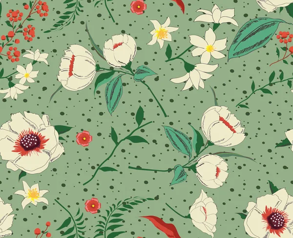 Trendy Floral pattern in the many kind of flowers. Tropical botanical Motifs scattered random. Seamless vector texture green background