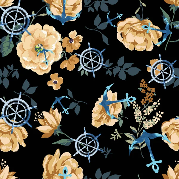  Trendy Seamless Floral Pattern in with anchors, ship wheels